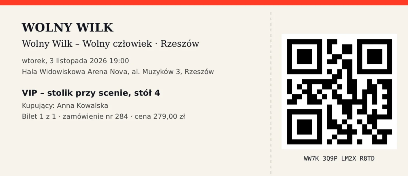 Bilet PDF Wolny Wilk z kodem QR, nazwą koncertu, miejscem przy stole i ceną