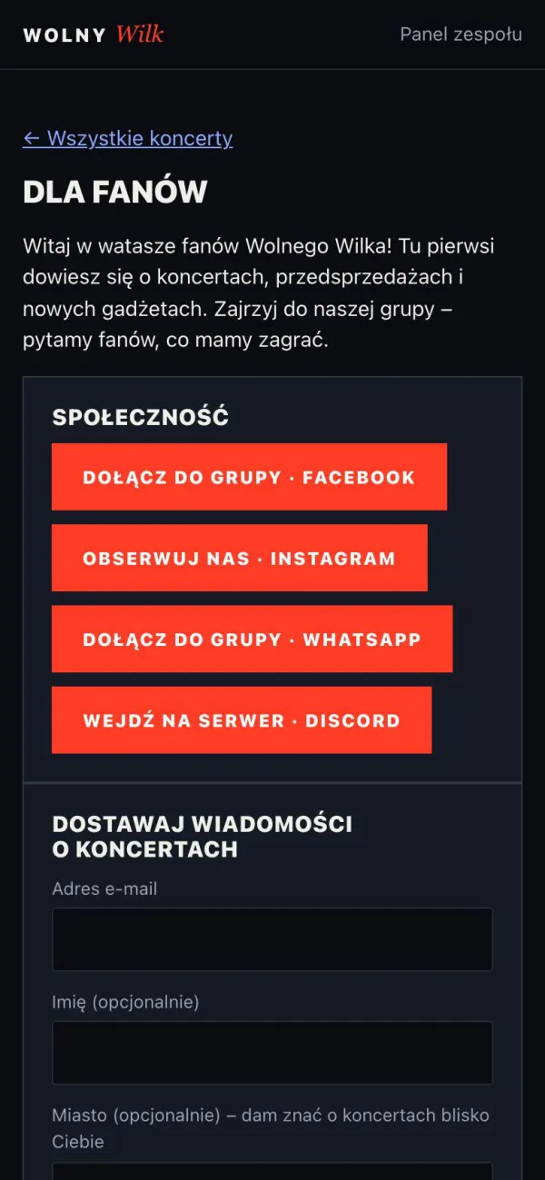 Strona dla fanów z linkami do grup i zapisem na wiadomości