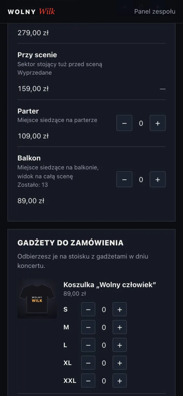 Wybór rodzaju biletów: VIP, przy scenie, parter, balkon