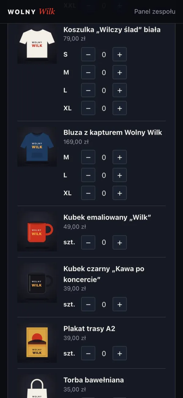 Gadżety do zamówienia: koszulki w rozmiarach, bluza, kubki, plakat