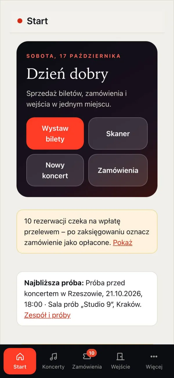 Start panelu na telefonie z szybkimi przyciskami