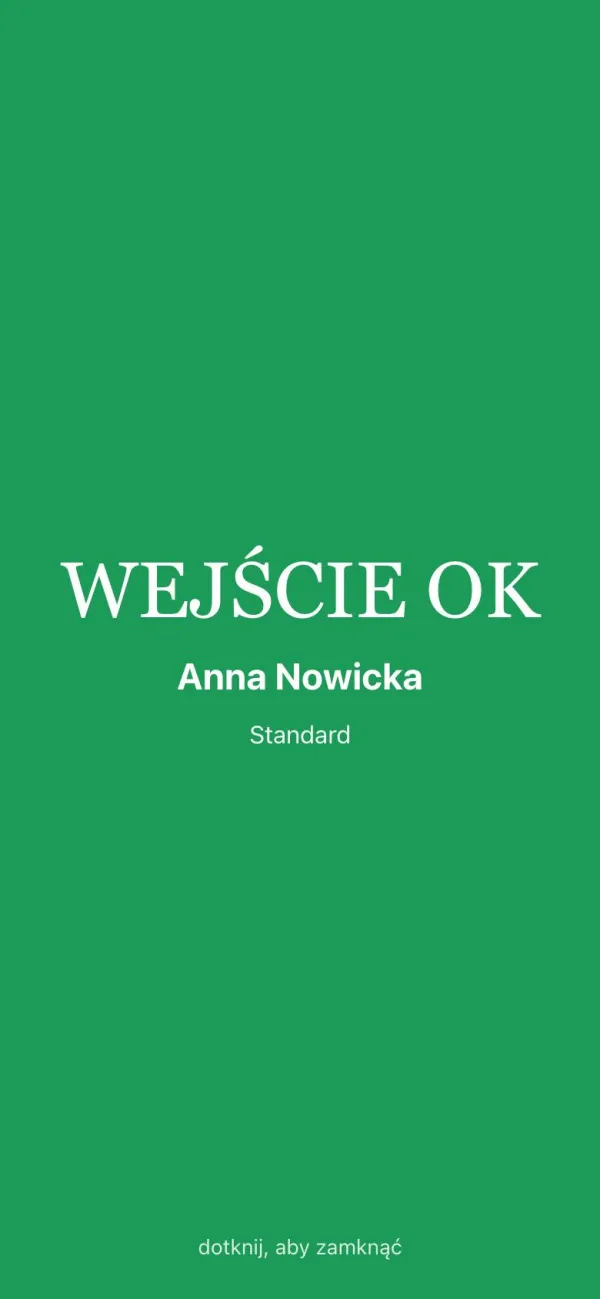 Skaner: zielony ekran Wejście OK z imieniem gościa