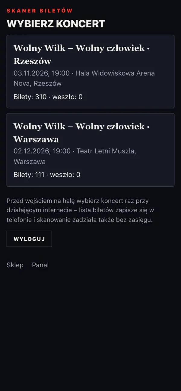 Skaner: wybór koncertu z licznikiem biletów