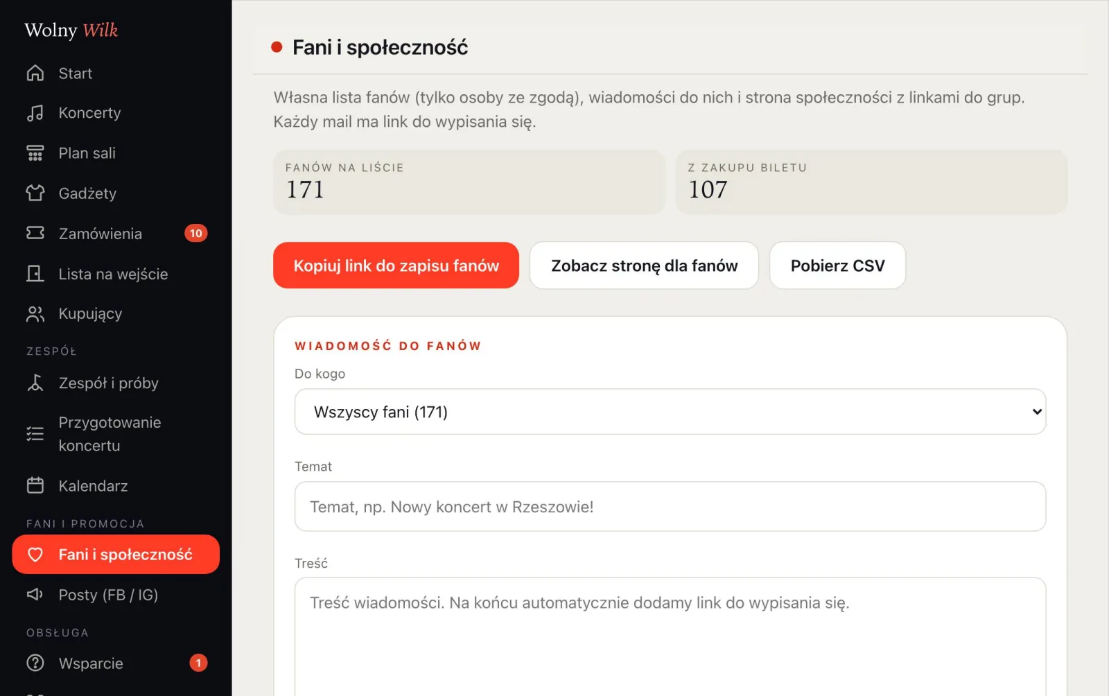 Fani i społeczność: lista fanów, wiadomość do fanów, linki do grup