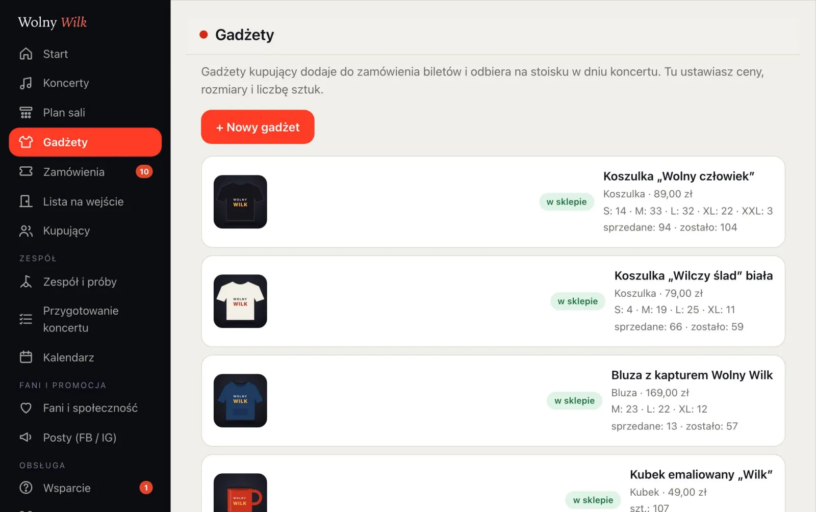 Gadżety: koszulki, bluza, kubki z rozmiarami, sprzedażą i stanem