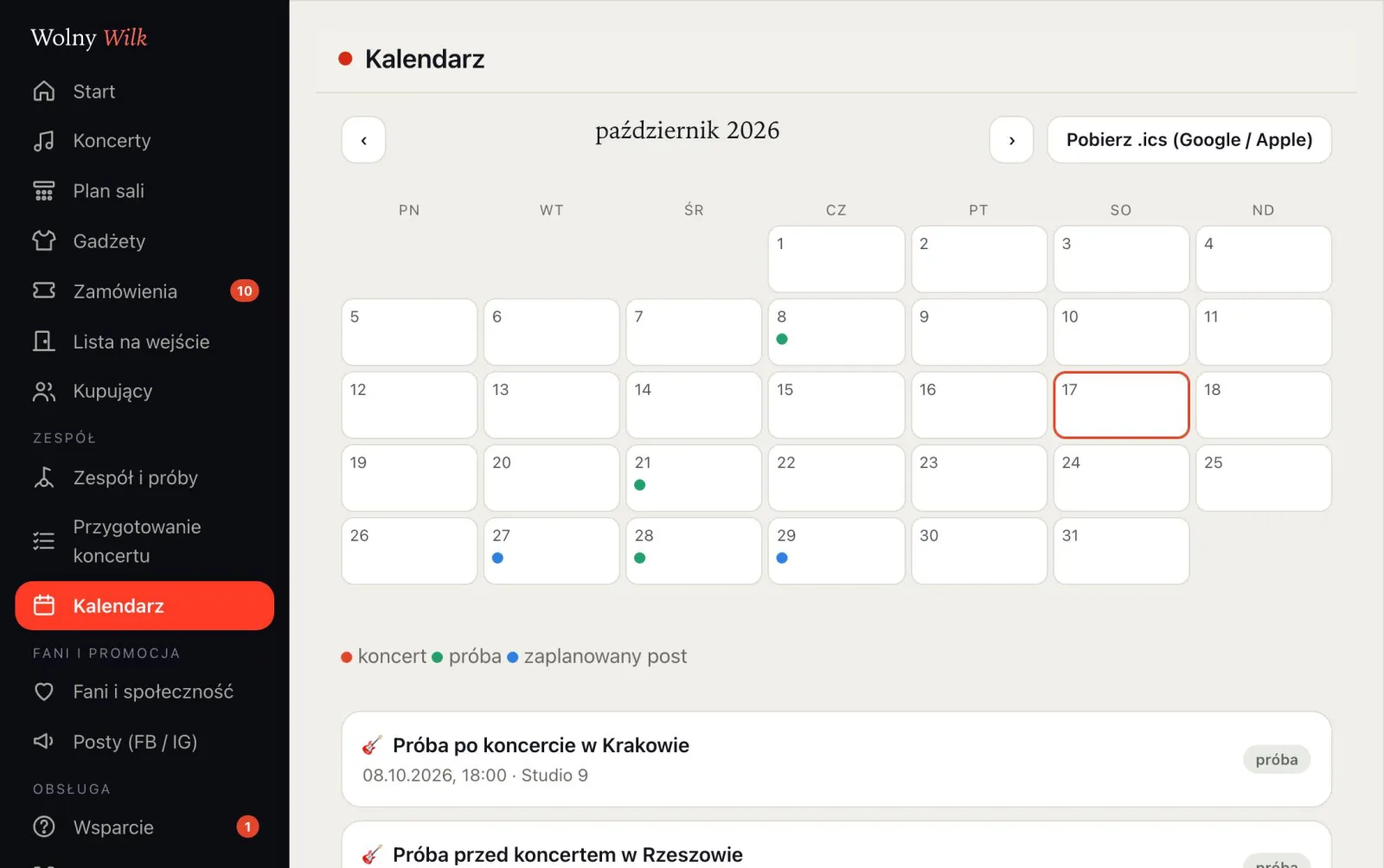 Kalendarz koncertów, prób i zaplanowanych postów