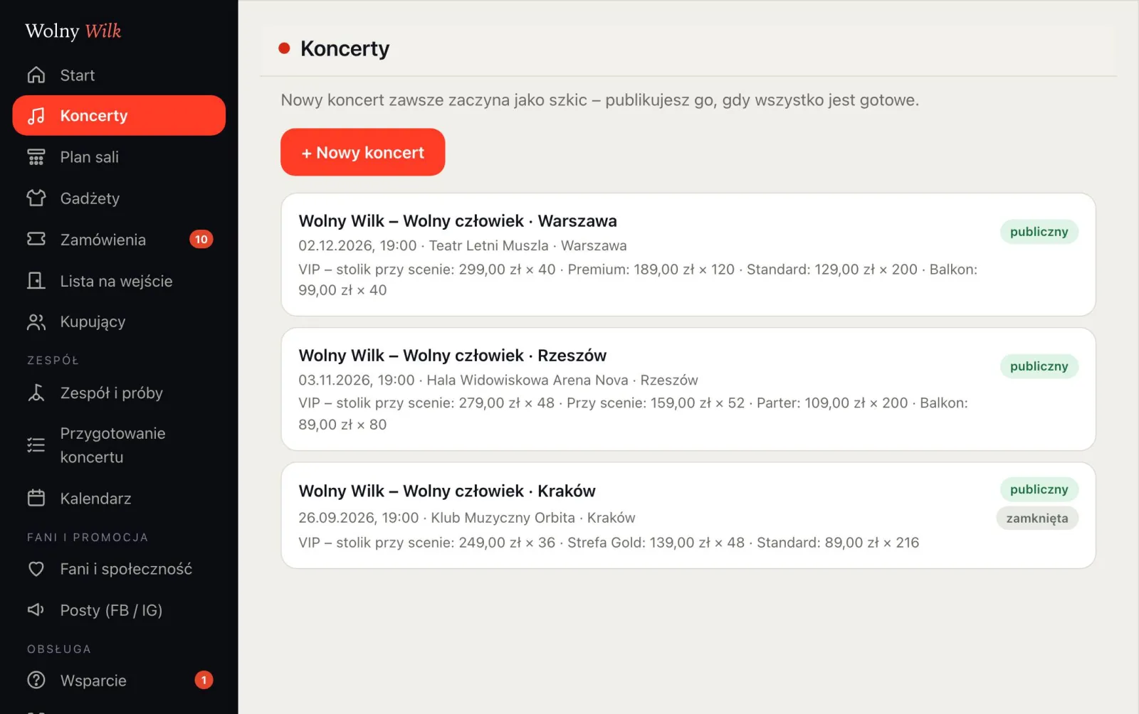 Lista koncertów ze statusem publiczny lub zamknięty
