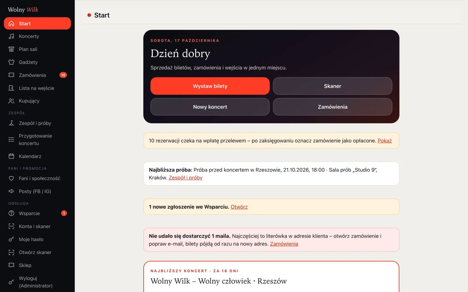 Start panelu: najbliższa próba, rezerwacje czekające na wpłatę, zgłoszenia