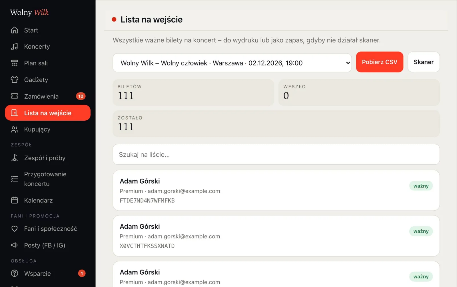 Lista na wejście: liczba biletów, weszło, zostało, wyszukiwarka