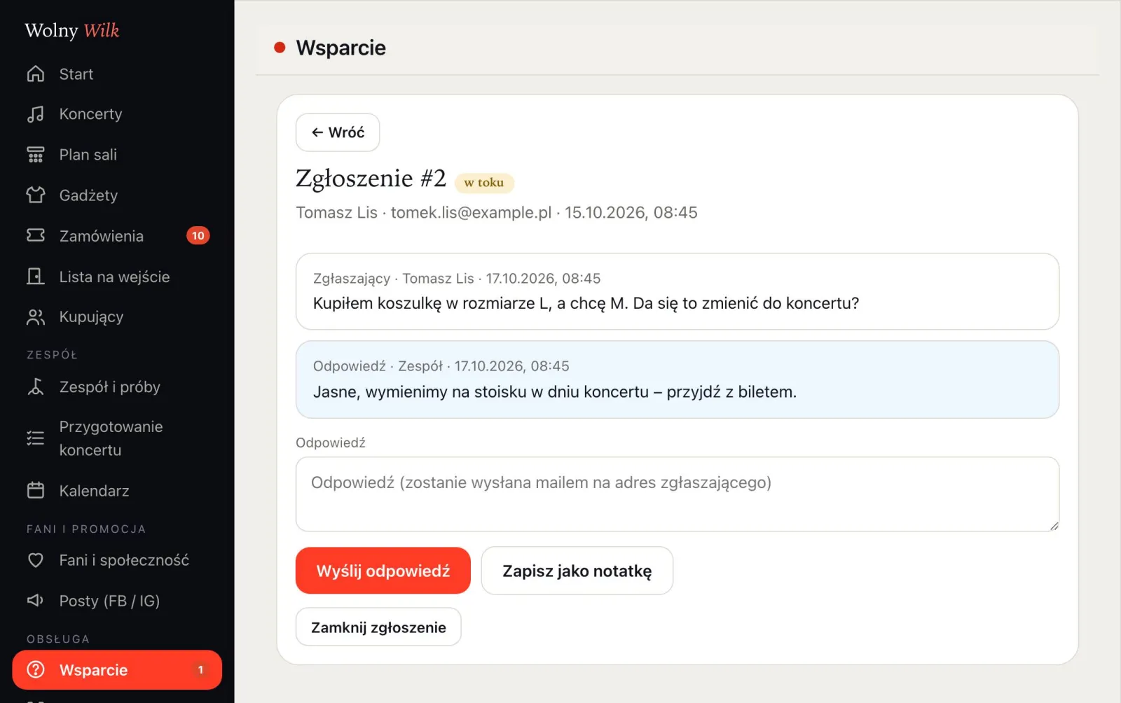 Zgłoszenie od kupującego i odpowiedź zespołu