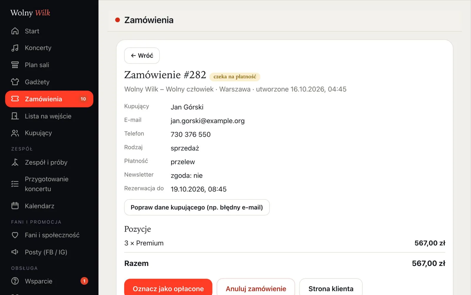 Szczegóły zamówienia z przyciskiem Oznacz jako opłacone