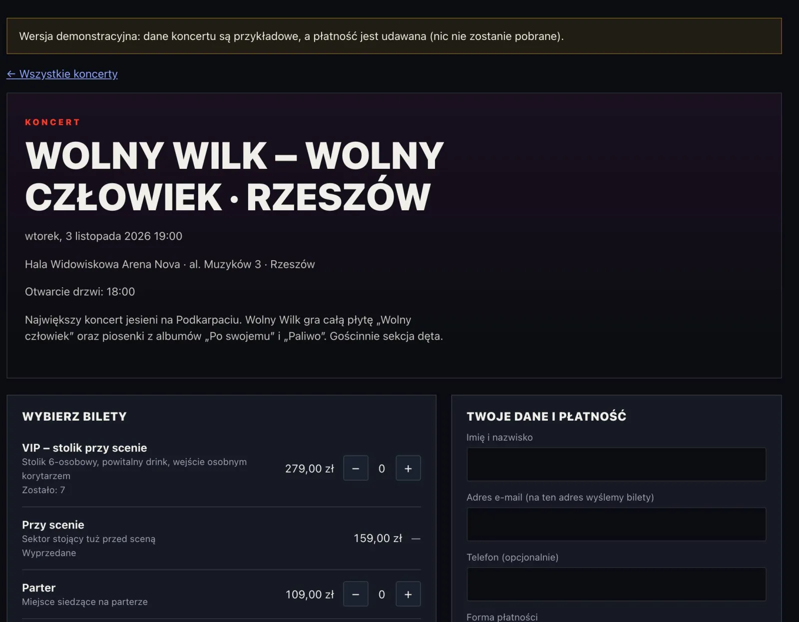 Strona koncertu z wyborem biletów i formularzem zamówienia