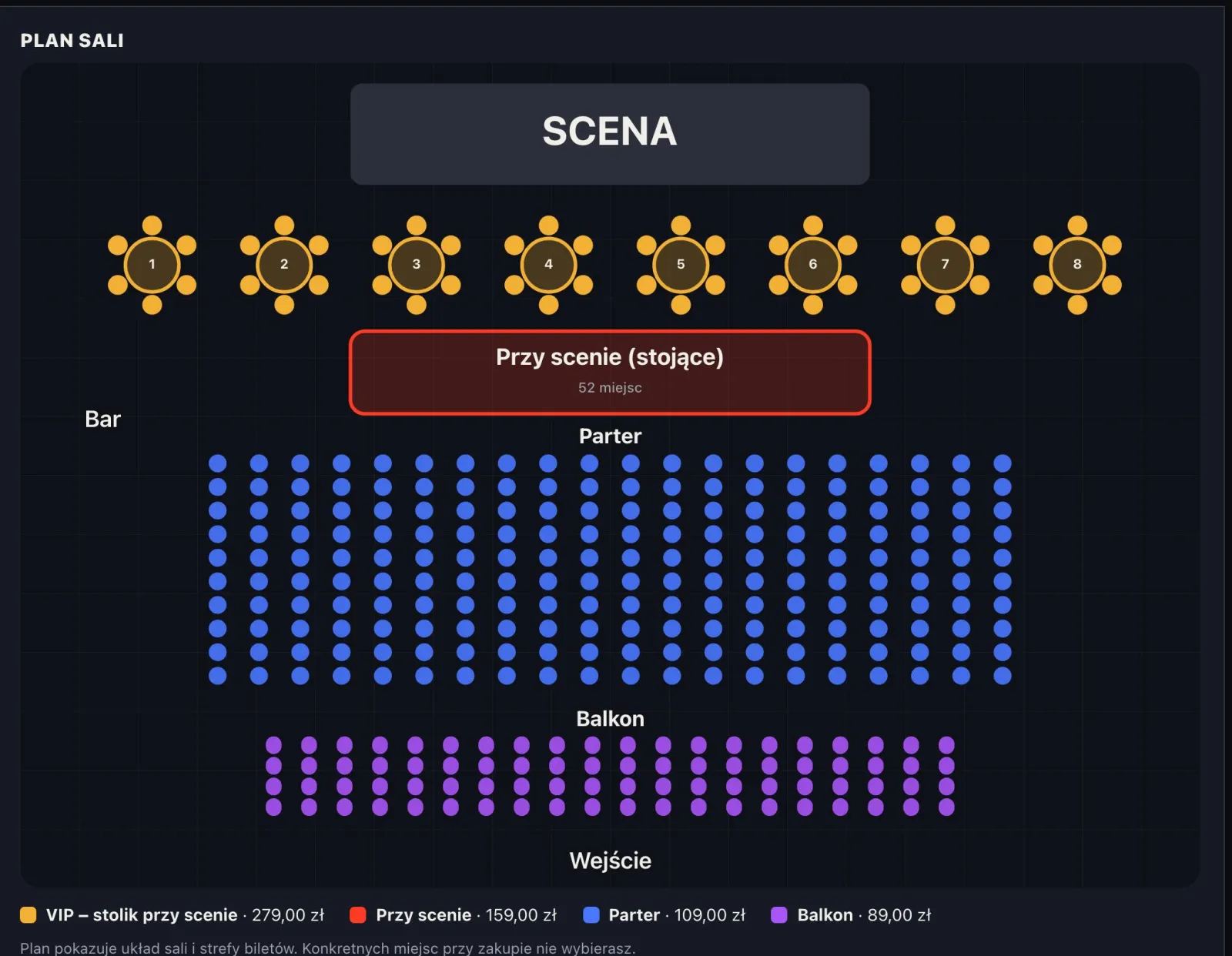 Strona koncertu: plan sali ze stolikami VIP, strefą przy scenie, parterem i balkonem w różnych cenach