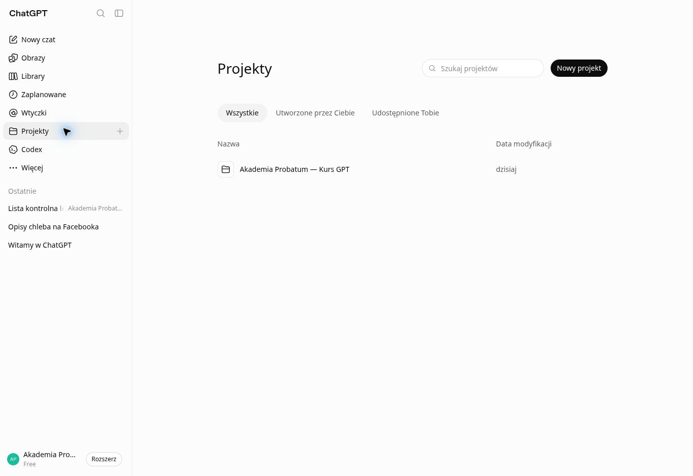 Zakładka Projekty