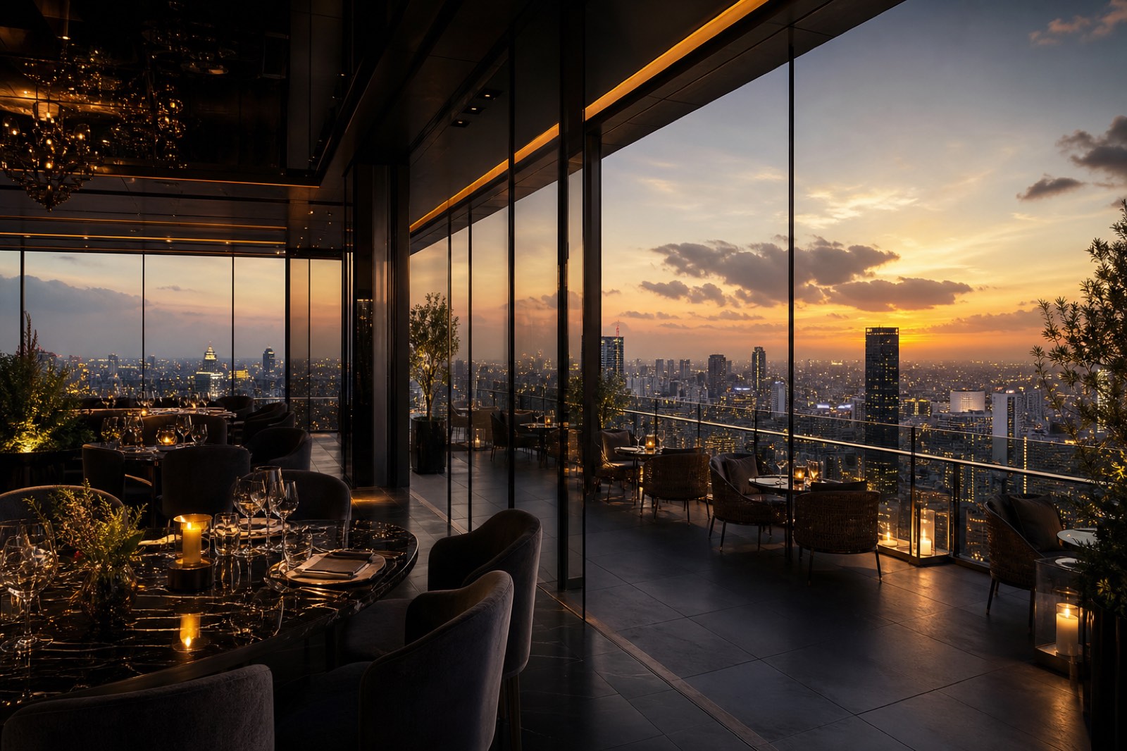 Panoramiczny widok z luksusowego rooftop baru o zachodzie słońca